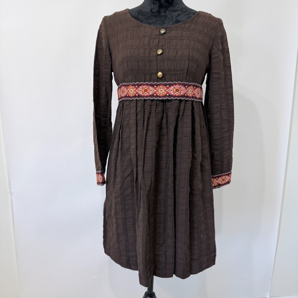 Vintage Brown Textured Long Sleeve Dress Girls Size 11/12 Cotton Folk Earthy